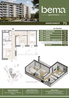 3 pokoje, apartament 54,39 m², piętro 3, oferta nr 71, Apartamenty Bema, Białystok, ul. Gen Józefa Bema 36 