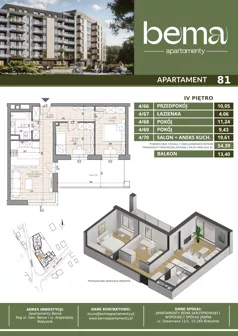 3 pokoje, apartament 54,39 m², piętro 4, oferta nr 81, Apartamenty Bema, Białystok, Przydworcowe, ul. Gen Józefa Bema 36 
