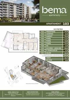 5 pokoi, apartament 139,48 m², piętro 7, oferta nr 103, Apartamenty Bema, Białystok, ul. Gen Józefa Bema 36 