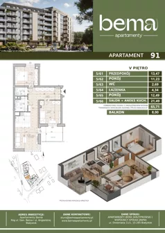 3 pokoje, apartament 65,71 m², piętro 5, oferta nr 91, Apartamenty Bema, Białystok, ul. Gen Józefa Bema 36 