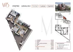 3 pokoje, mieszkanie 71,13 m², piętro 1, oferta nr B12, Moniuszki 13, Gliwice, Śródmieście, ul. Moniuszki 13