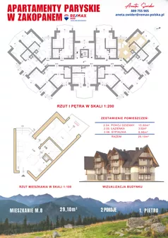 2 pokoje, apartament 29,10 m², piętro 1, oferta nr M.8, Apartamenty Paryskie, Zakopane, Pardałówka, ul. Paryskich 17A