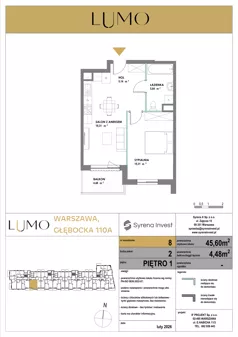 2 pokoje, mieszkanie 45,60 m², piętro 1, oferta nr 8, LUMO, Warszawa, Białołęka, Brzeziny, ul. Głębocka 110a