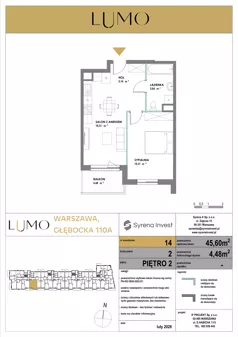 2 pokoje, mieszkanie 45,60 m², piętro 2, oferta nr 14, LUMO, Warszawa, Białołęka, Brzeziny, ul. Głębocka 110a