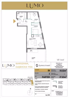 3 pokoje, mieszkanie 54,92 m², parter, oferta nr 59, LUMO, Warszawa, Białołęka, Brzeziny, ul. Głębocka 110a