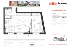 2 pokoje, mieszkanie 47,64 m², piętro 1, oferta nr M.1.1, Apartamenty Burano, Wrocław, Klecina, Krzyki, Buraczana 13