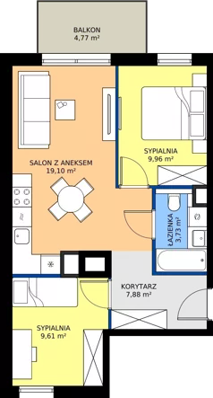 3 pokoje, apartament 50,28 m², piętro 1, oferta nr B2.20, Kamienice Pruszczańskie, Pruszcz Gdański, ul. Grunwaldzka 71B, 71D