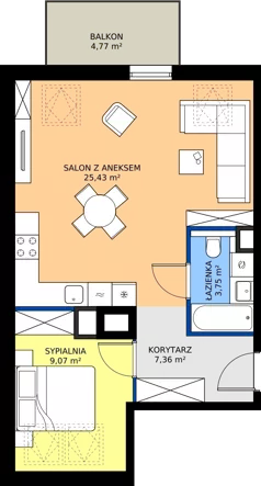 2 pokoje, apartament 45,61 m², piętro 2, oferta nr B2.30, Kamienice Pruszczańskie, Pruszcz Gdański, ul. Grunwaldzka 71B, 71D