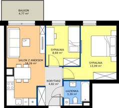 3 pokoje, mieszkanie 48,25 m², piętro 1, oferta nr B2.21, Kamienice Pruszczańskie, Pruszcz Gdański, ul. Grunwaldzka 71B, 71D