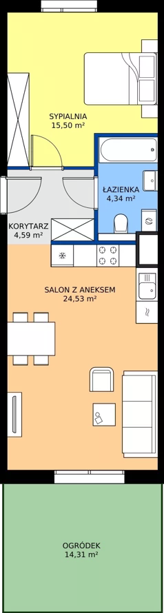 2 pokoje, mieszkanie 48,96 m², parter, oferta nr 1.28, Osiedle Ozon - Etap VII, Kraków, Prądnik Biały, Górka Narodowa, ul. Stefana Banacha/ul. Fryderyka Schillinga