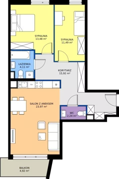 3 pokoje, mieszkanie 71,07 m², piętro 2, oferta nr 48.32, Osiedle Ozon - Etap VII, Kraków, Prądnik Biały, Górka Narodowa, ul. Stefana Banacha/ul. Fryderyka Schillinga