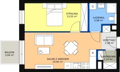 2 pokoje, mieszkanie 43,62 m², piętro 1, oferta nr 7, Apartamenty Mikusińskiego, Katowice, Wełnowiec-Józefowiec, ul. prof. Mikusińskiego / Józefowska