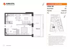 2 pokoje, mieszkanie 34,21 m², parter, oferta nr B2/1, Zajezdnia Motława, Gdańsk, Śródmieście, Dolne Miasto, ul. Kurza
