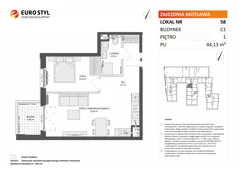 2 pokoje, mieszkanie 44,13 m², piętro 1, oferta nr C1/58, Zajezdnia Motława - bud C1, Gdańsk, Śródmieście, Dolne Miasto, ul. Kurza