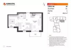 3 pokoje, mieszkanie 48,80 m², piętro 5, oferta nr B1/39, Locus 2 - etap I, Rumia, Janowo, ul. Dąbrowskiego