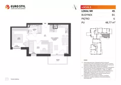 3 pokoje, mieszkanie 48,77 m², piętro 6, oferta nr B1/45, Locus 2 - etap I, Rumia, Janowo, ul. Dąbrowskiego