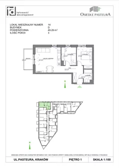 3 pokoje, mieszkanie 49,29 m², piętro 1, oferta nr M14, Osiedle Pasteura, Kraków, Prądnik Biały, ul. Ludwika Pasteura