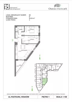 3 pokoje, mieszkanie 54,04 m², piętro 1, oferta nr M8, Osiedle Pasteura, Kraków, Prądnik Biały, ul. Ludwika Pasteura