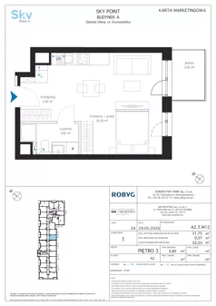 1 pokój, apartament inwestycyjny 31,75 m², piętro 3, oferta nr A2.3M12, Sky Point - Apartamenty Inwestycyjne, Gdańsk, Oliwa, Zaspa-Rozstaje, al. Grunwaldzka