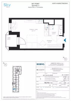 1 pokój, apartament inwestycyjny 27,84 m², piętro 12, oferta nr A1.12M11, Sky Point - Apartamenty Inwestycyjne, Gdańsk, Oliwa, Zaspa-Rozstaje, al. Grunwaldzka