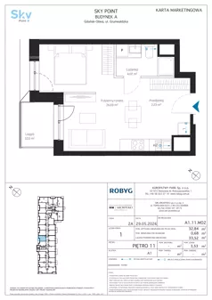 1 pokój, apartament inwestycyjny 32,84 m², piętro 11, oferta nr A1.11M02, Sky Point - Apartamenty Inwestycyjne, Gdańsk, Oliwa, Zaspa-Rozstaje, al. Grunwaldzka