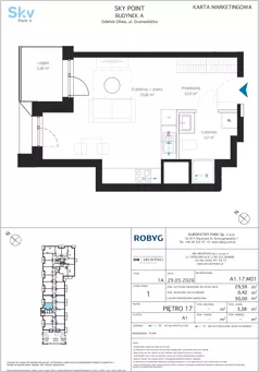 1 pokój, apartament inwestycyjny 29,59 m², piętro 17, oferta nr A1.17M01, Sky Point - Apartamenty Inwestycyjne, Gdańsk, Oliwa, Zaspa-Rozstaje, al. Grunwaldzka