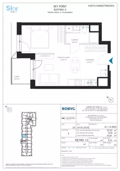 1 pokój, apartament inwestycyjny 33,32 m², piętro 12, oferta nr A1.12M02, Sky Point - Apartamenty Inwestycyjne, Gdańsk, Oliwa, Zaspa-Rozstaje, al. Grunwaldzka