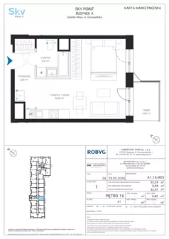 1 pokój, apartament inwestycyjny 32,29 m², piętro 16, oferta nr A1.16M05, Sky Point - Apartamenty Inwestycyjne, Gdańsk, Oliwa, Zaspa-Rozstaje, al. Grunwaldzka