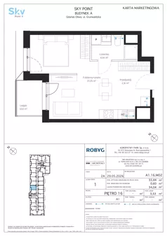 1 pokój, apartament inwestycyjny 33,44 m², piętro 16, oferta nr A1.16M02, Sky Point - Apartamenty Inwestycyjne, Gdańsk, Oliwa, Zaspa-Rozstaje, al. Grunwaldzka