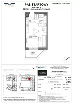 1 pokój, mieszkanie 27,57 m², piętro 1, oferta nr B.1M01, Pas Startowy, Gdańsk, Zaspa, Zaspa-Młyniec, al. Jana Pawła II