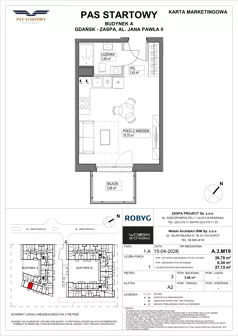 1 pokój, mieszkanie 26,79 m², piętro 3, oferta nr A.3M19, Pas Startowy, Gdańsk, Zaspa, Zaspa-Młyniec, al. Jana Pawła II