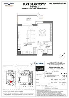 1 pokój, mieszkanie 32,56 m², piętro 1, oferta nr A.1M20, Pas Startowy, Gdańsk, Zaspa, Zaspa-Młyniec, al. Jana Pawła II