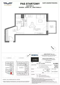 1 pokój, mieszkanie 31,42 m², piętro 2, oferta nr A.2M16, Pas Startowy, Gdańsk, Zaspa, Zaspa-Młyniec, al. Jana Pawła II