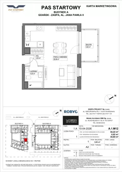 1 pokój, mieszkanie 34,22 m², piętro 1, oferta nr A.1M12, Pas Startowy, Gdańsk, Zaspa, Zaspa-Młyniec, al. Jana Pawła II