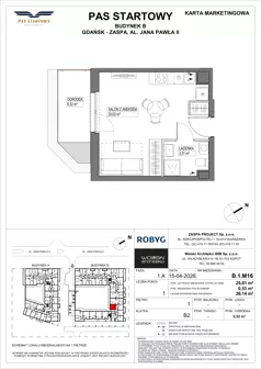 1 pokój, mieszkanie 25,61 m², piętro 1, oferta nr B.1M16, Pas Startowy, Gdańsk, Zaspa, Zaspa-Młyniec, al. Jana Pawła II