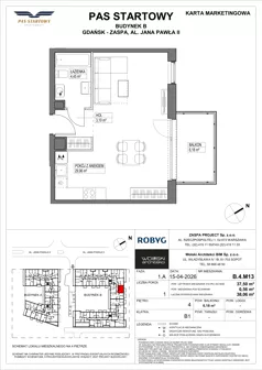 1 pokój, mieszkanie 37,50 m², piętro 4, oferta nr B.4M13, Pas Startowy, Gdańsk, Zaspa, Zaspa-Młyniec, al. Jana Pawła II
