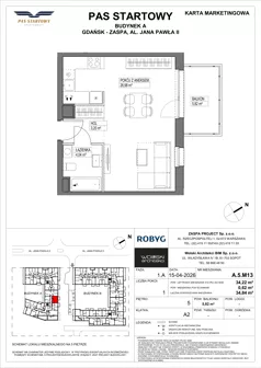1 pokój, mieszkanie 34,22 m², piętro 5, oferta nr A.5M13, Pas Startowy, Gdańsk, Zaspa, Zaspa-Młyniec, al. Jana Pawła II