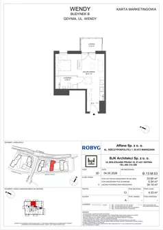1 pokój, mieszkanie 33,60 m², piętro 13, oferta nr B.13M03, WENDY - Budynek B, Gdynia, Śródmieście, Śródmieście, ul. Wendy