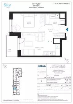 2 pokoje, apartament inwestycyjny 37,02 m², piętro 11, oferta nr A1.11M13, Sky Point - Apartamenty Inwestycyjne, Gdańsk, Oliwa, Zaspa-Rozstaje, al. Grunwaldzka
