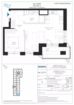 2 pokoje, apartament inwestycyjny 40,79 m², piętro 7, oferta nr A1.7M09, Sky Point - Apartamenty Inwestycyjne, Gdańsk, Oliwa, Zaspa-Rozstaje, al. Grunwaldzka