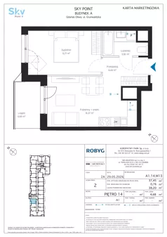 2 pokoje, apartament inwestycyjny 37,45 m², piętro 14, oferta nr A1.14M13, Sky Point - Apartamenty Inwestycyjne, Gdańsk, Oliwa, Zaspa-Rozstaje, al. Grunwaldzka