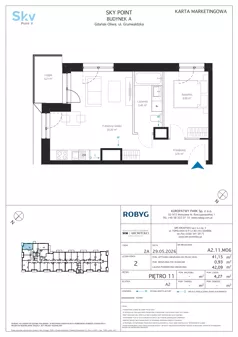 2 pokoje, apartament inwestycyjny 41,15 m², piętro 11, oferta nr A2.11M06, Sky Point - Apartamenty Inwestycyjne, Gdańsk, Oliwa, Zaspa-Rozstaje, al. Grunwaldzka
