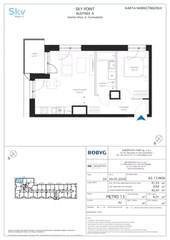 2 pokoje, apartament inwestycyjny 41,53 m², piętro 13, oferta nr A2.13M06, Sky Point - Apartamenty Inwestycyjne, Gdańsk, Oliwa, Zaspa-Rozstaje, al. Grunwaldzka