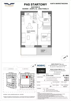 2 pokoje, mieszkanie 39,88 m², piętro 1, oferta nr B.1M02, Pas Startowy, Gdańsk, Zaspa, Zaspa-Młyniec, al. Jana Pawła II