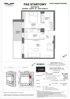 2 pokoje, mieszkanie 42,81 m², piętro 1, oferta nr B.1M15, Pas Startowy, Gdańsk, Zaspa, Zaspa-Młyniec, al. Jana Pawła II