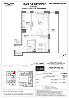 2 pokoje, mieszkanie 46,03 m², piętro 5, oferta nr A.5M07, Pas Startowy, Gdańsk, Zaspa, Zaspa-Młyniec, al. Jana Pawła II