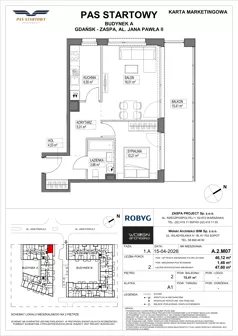 2 pokoje, mieszkanie 46,12 m², piętro 2, oferta nr A.2M07, Pas Startowy, Gdańsk, Zaspa, Zaspa-Młyniec, al. Jana Pawła II