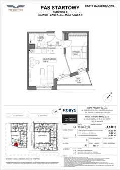 2 pokoje, mieszkanie 38,20 m², piętro 5, oferta nr A.5M16, Pas Startowy, Gdańsk, Zaspa, Zaspa-Młyniec, al. Jana Pawła II