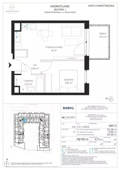 2 pokoje, mieszkanie 35,58 m², piętro 6, oferta nr J.6M13, Nadmotławie Apartments Budynek J, Gdańsk, Śródmieście, ul. Sienna Grobla