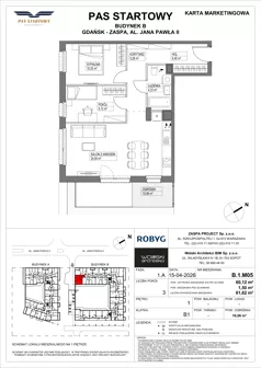 3 pokoje, mieszkanie 60,12 m², piętro 1, oferta nr B.1M05, Pas Startowy, Gdańsk, Zaspa, Zaspa-Młyniec, al. Jana Pawła II